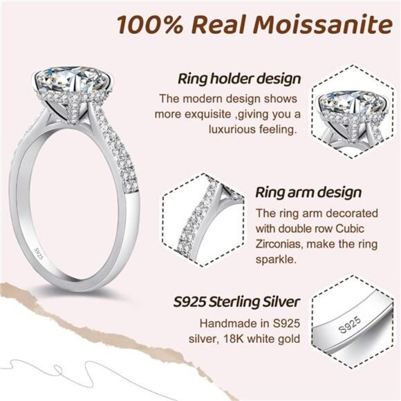 Moissanite Engagement Rings for Women,Promise Rings 925 Sterling Silver with - Picture 3 of 7